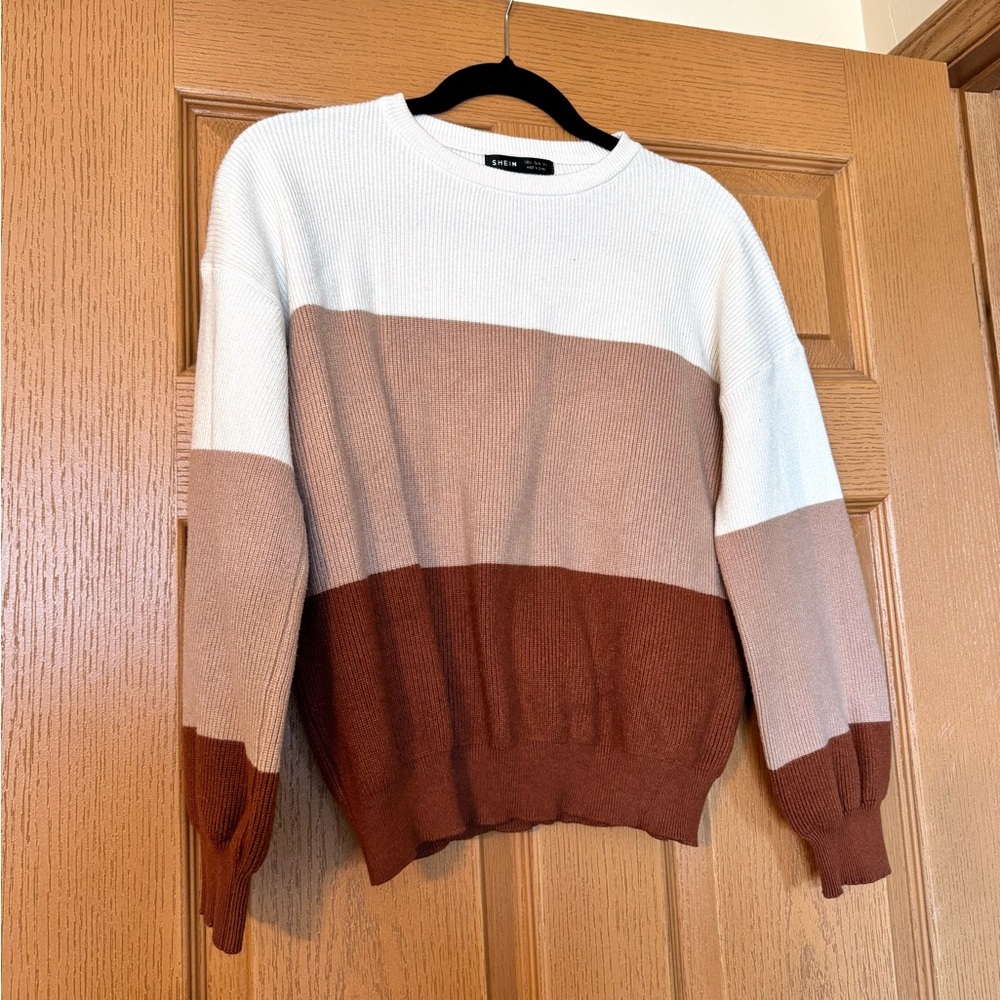 Women’s Crop Crewneck Sweater - White, Light Brown & Rust
